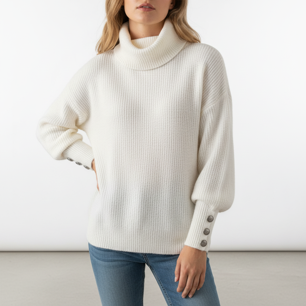 Damen-Rippstrickpullover | Manschetten mit Knöpfen