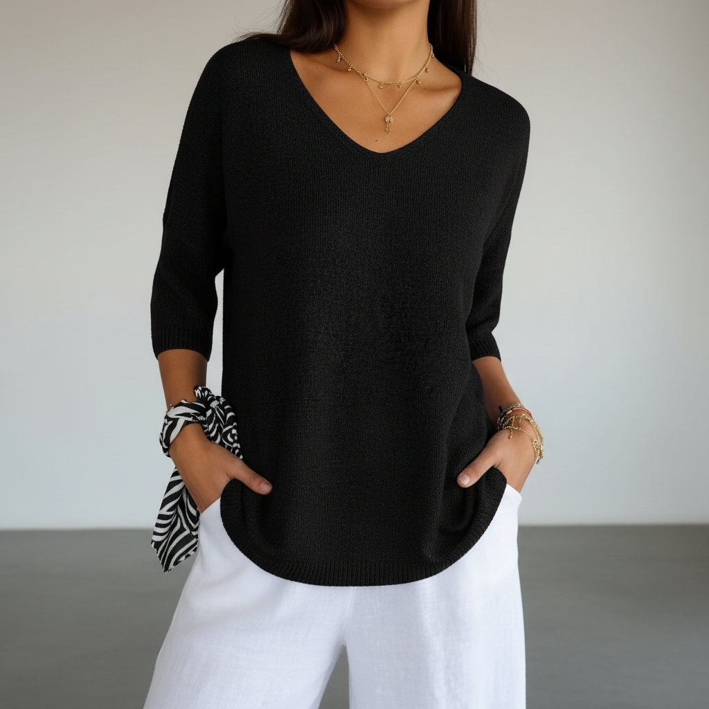 Damen Strick Oberteil mit V-Ausschnitt | Dreiviertelärmel