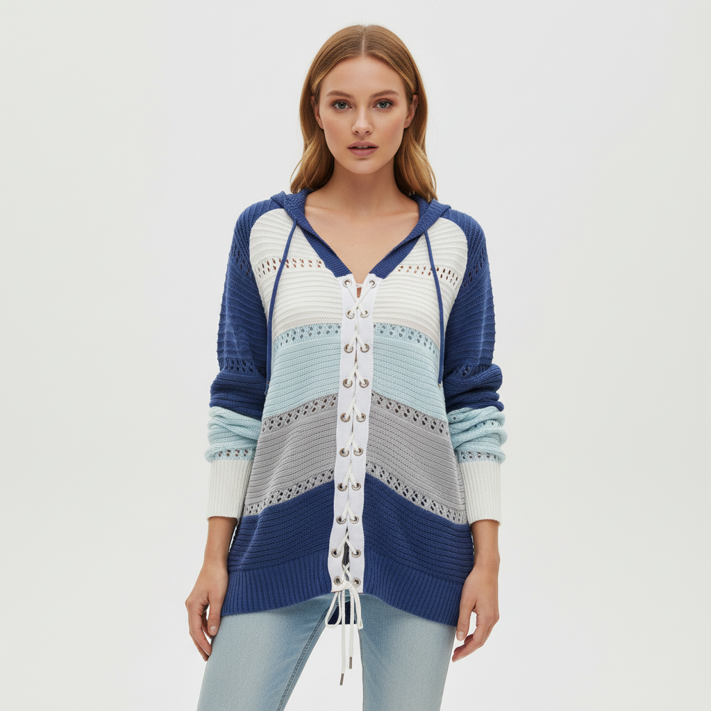 Damen Pullover mit Kapuze und Schnürung | Strick