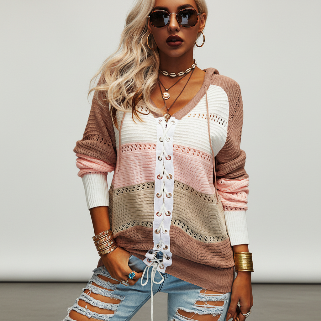 Damen Pullover mit Kapuze und Schnürung | Strick