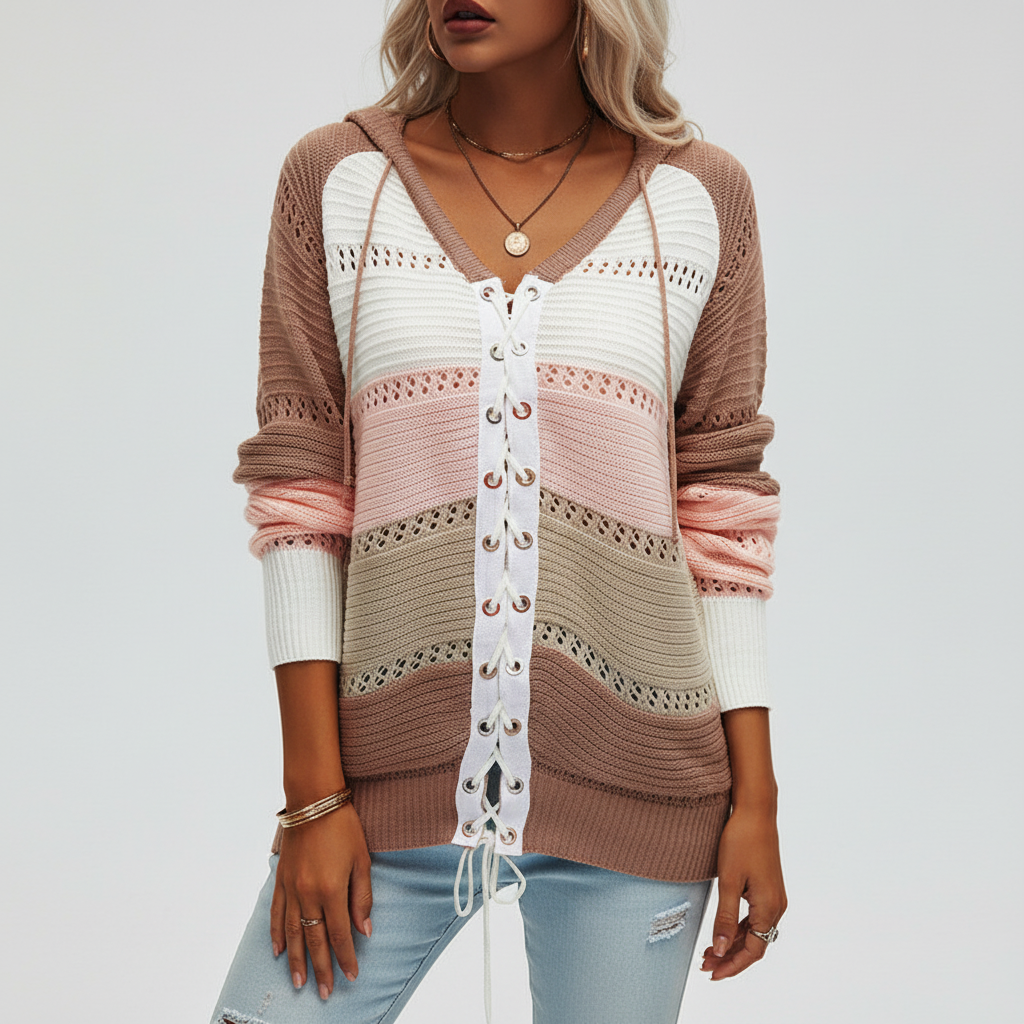 Damen Pullover mit Kapuze und Schnürung | Strick