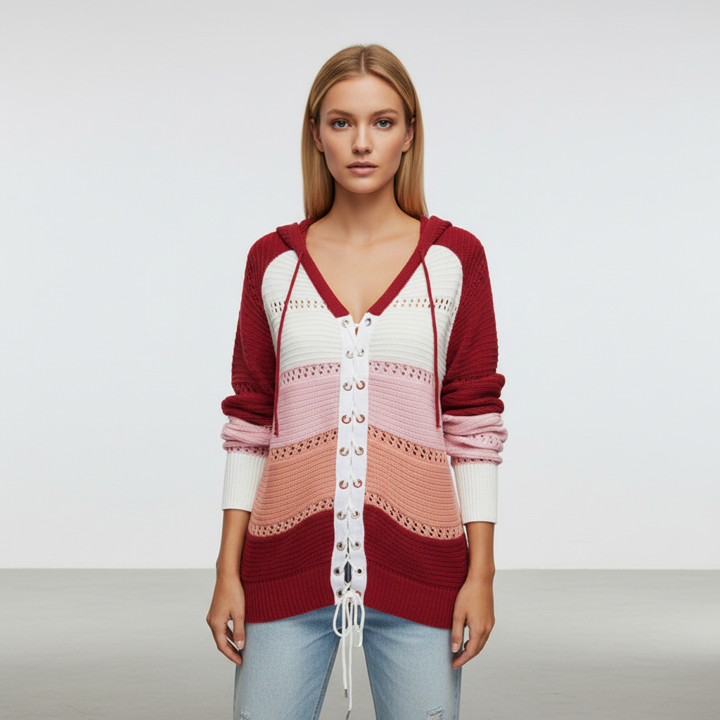 Damen Pullover mit Kapuze und Schnürung | Strick