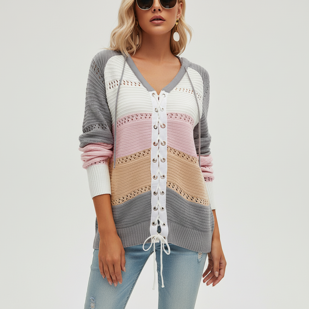 Damen Pullover mit Kapuze und Schnürung | Strick