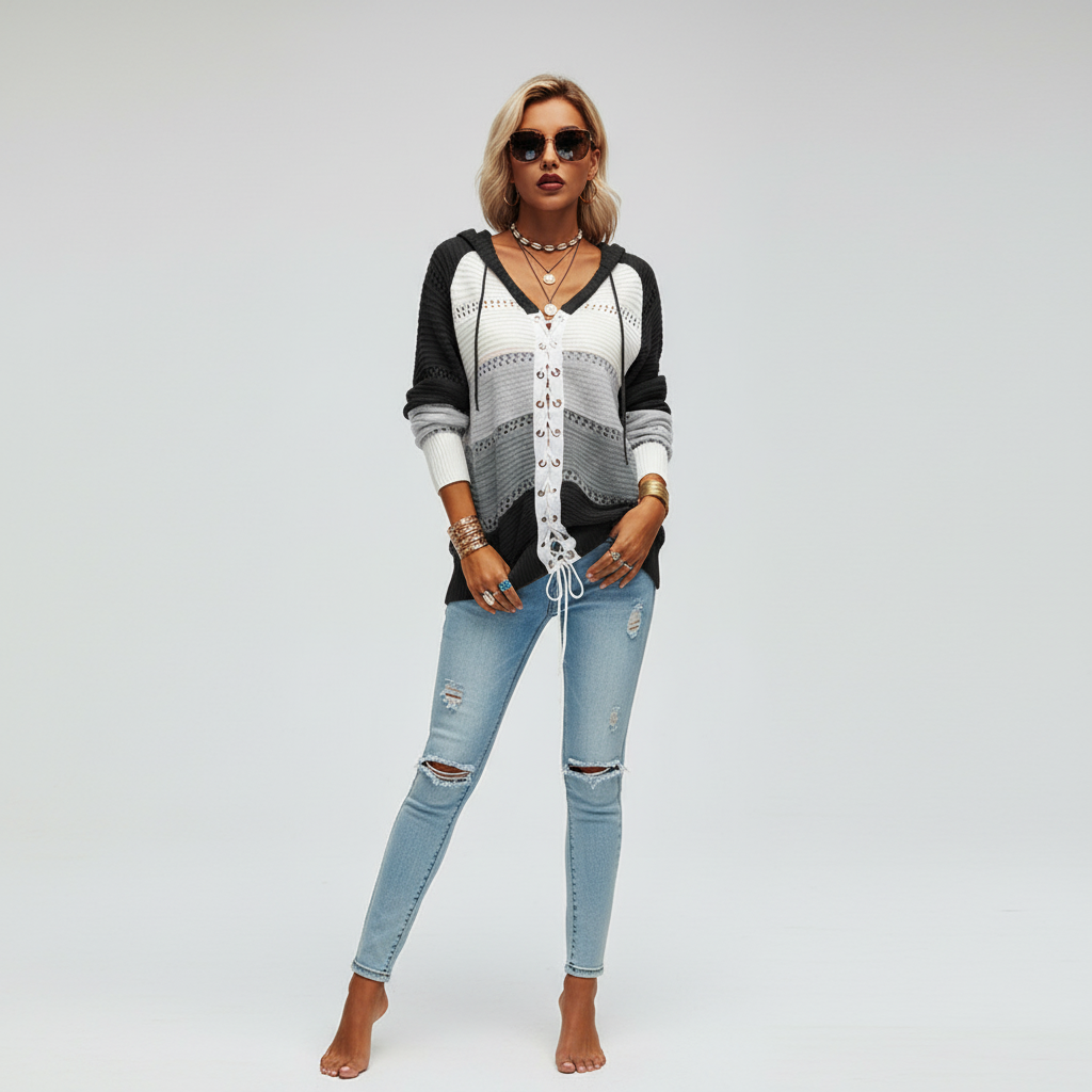 Damen Pullover mit Kapuze und Schnürung | Strick