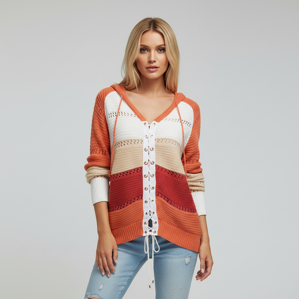 Damen Pullover mit Kapuze und Schnürung | Strick