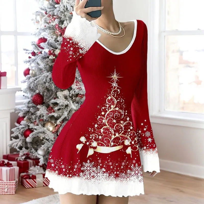 Damen Weihnachtskleid Langarm mit V-Ausschnitt | Mini