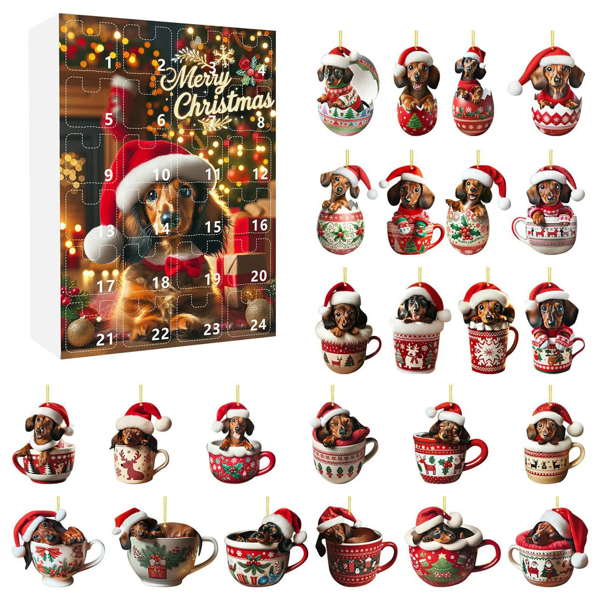 Dackel Adventskalender Mit Christbaumanhängern | Weihnachten