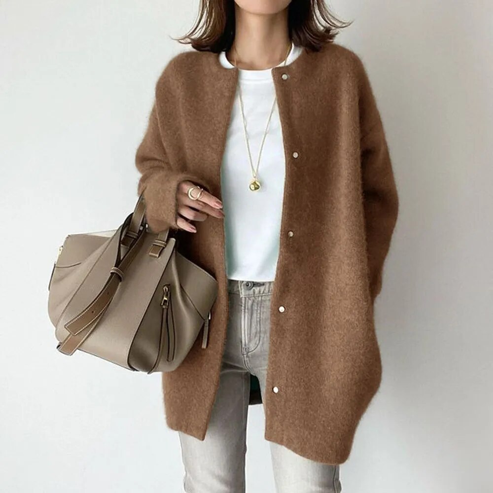 Damen Strickjacke Lang Strick Mit Rundhalsausschnitt | Winter