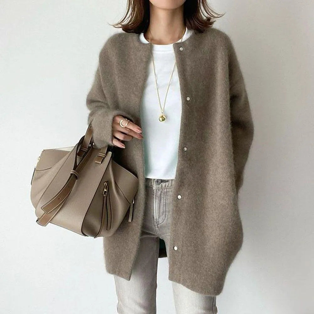 Damen Strickjacke Lang Strick Mit Rundhalsausschnitt | Winter