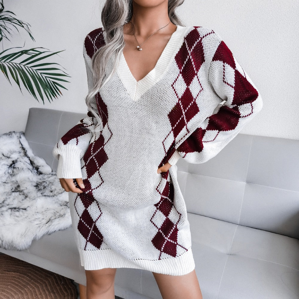 Damen Bedrucktes Strickkleid | V-Ausschnitt