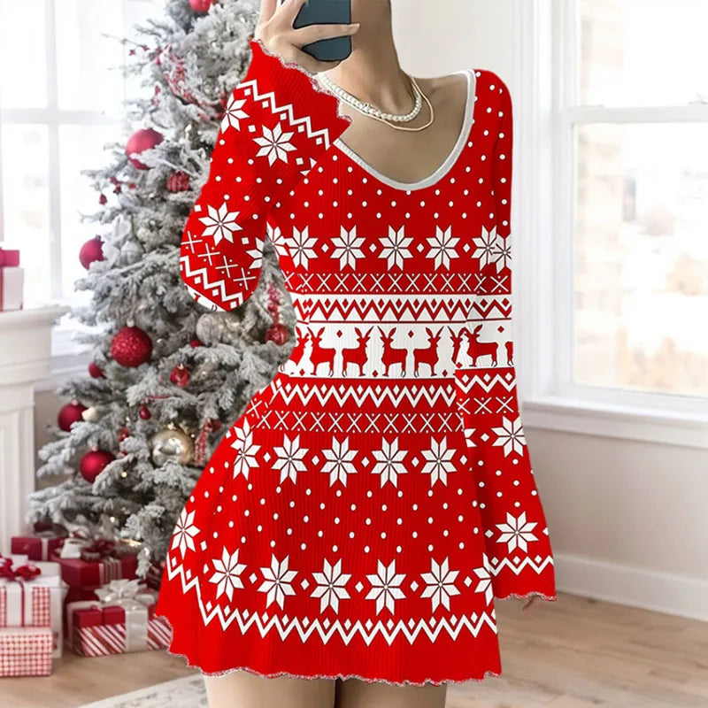 Damen Weihnachtskleid Langarm mit V-Ausschnitt | Mini