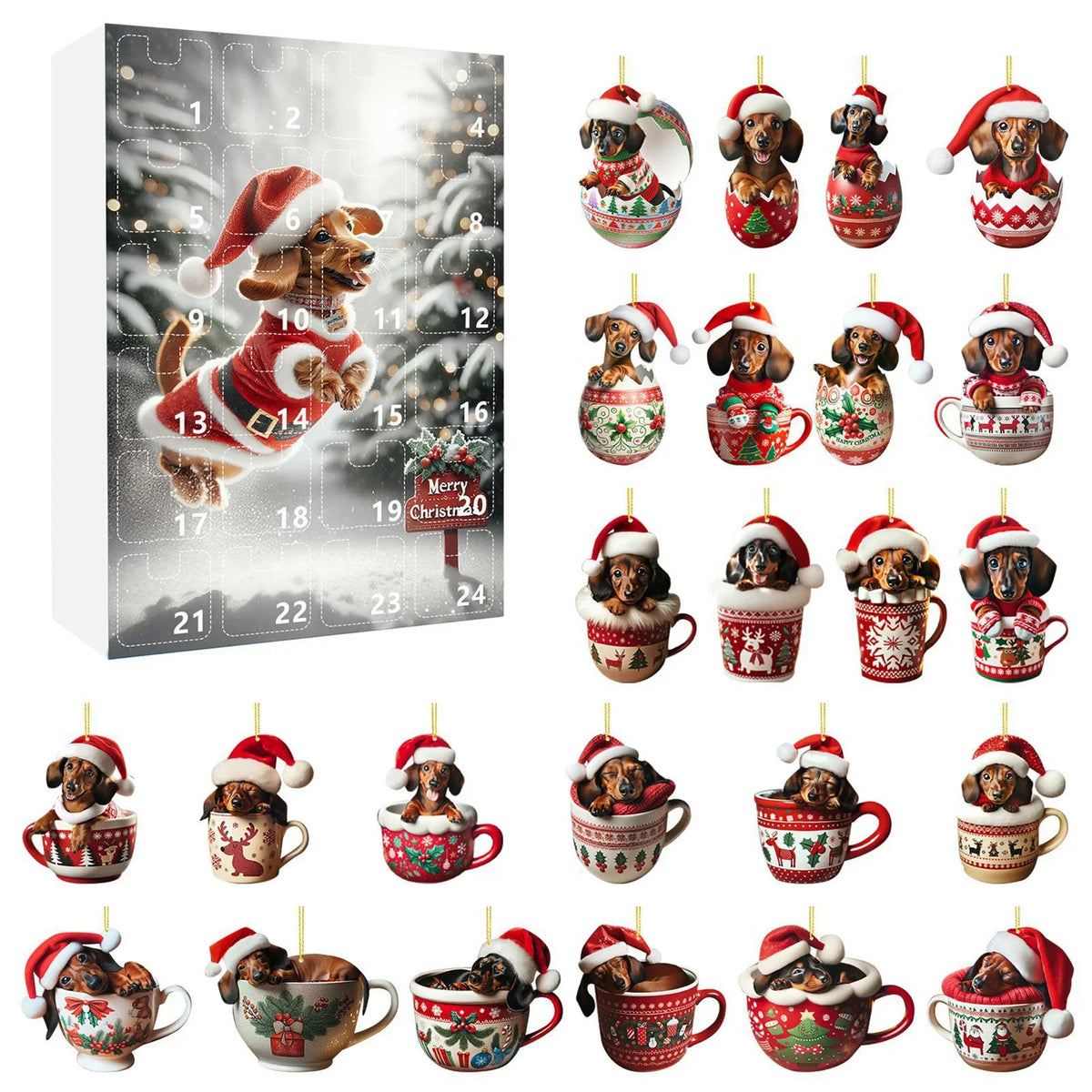 Dackel Adventskalender Mit Christbaumanhängern | Weihnachten