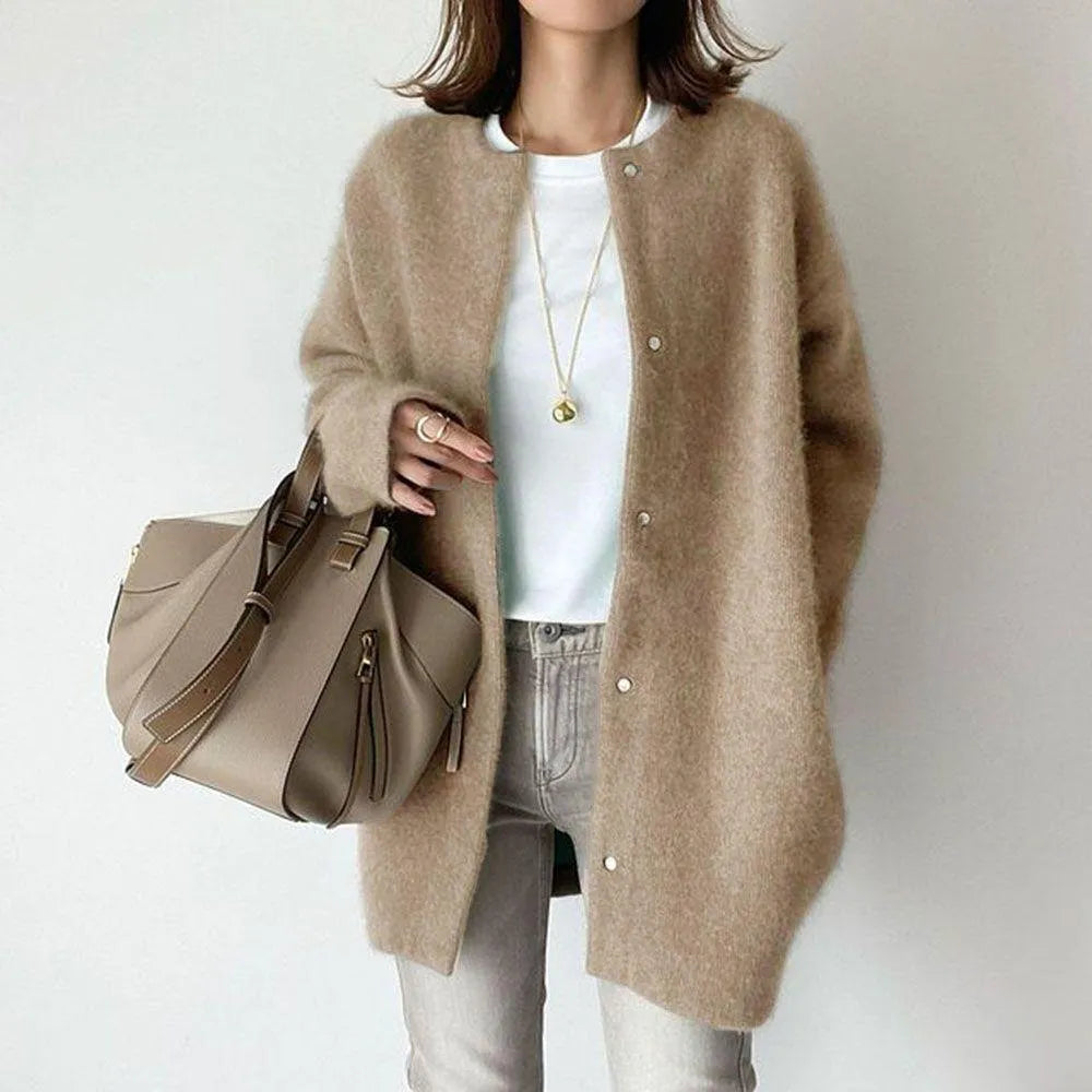 Damen Strickjacke Lang Strick Mit Rundhalsausschnitt | Winter