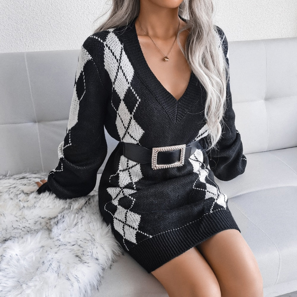 Damen Bedrucktes Strickkleid | V-Ausschnitt