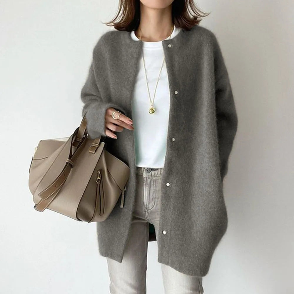 Damen Strickjacke Lang Strick Mit Rundhalsausschnitt | Winter