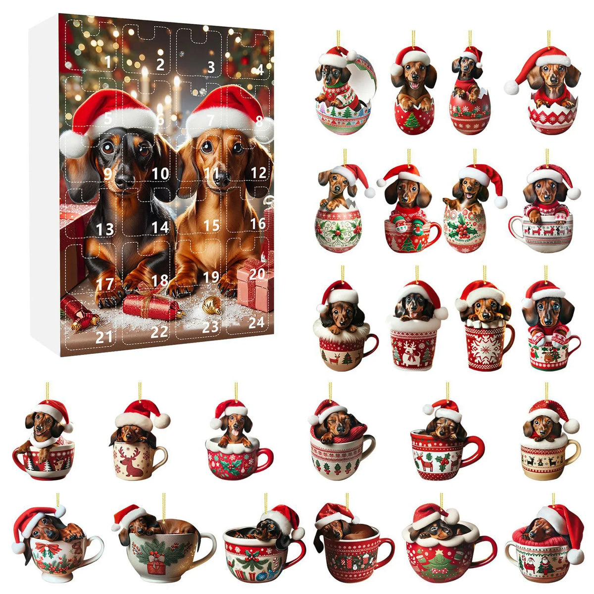Dackel Adventskalender Mit Christbaumanhängern | Weihnachten