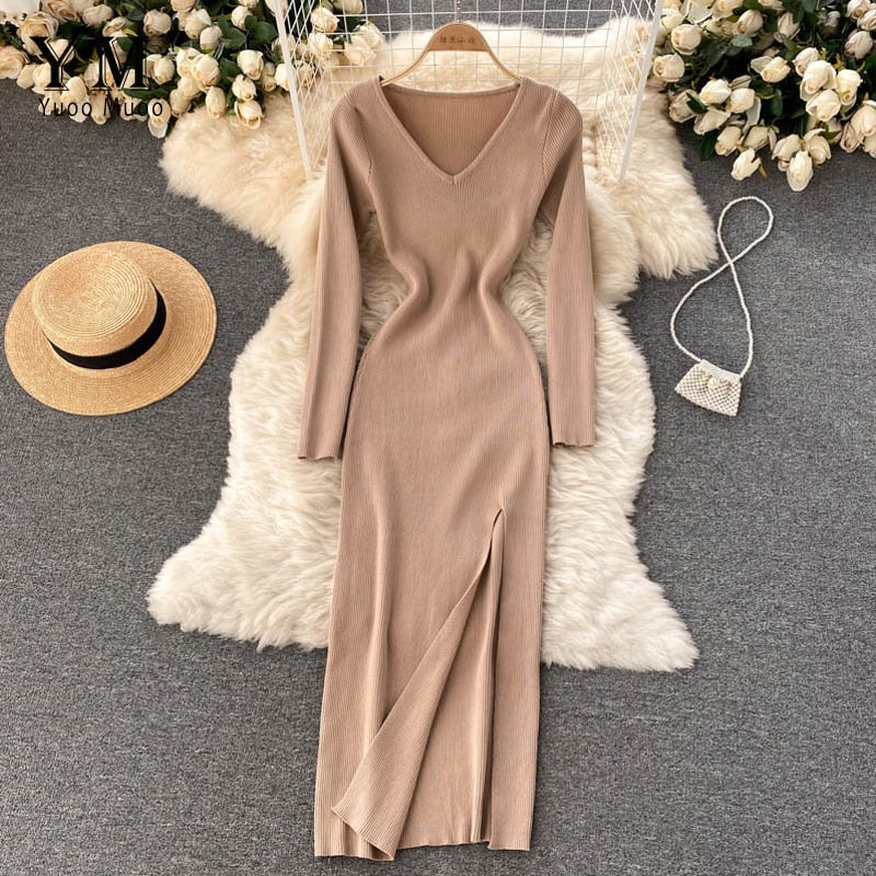 Damen Geripptes Maxikleid mit V-Ausschnitt | Langärmlig