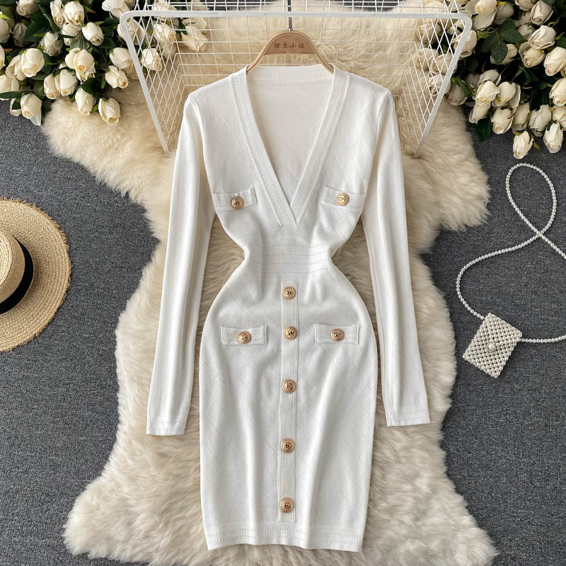 Damen Strickkleid in Midi-Länge | V-Ausschnitt