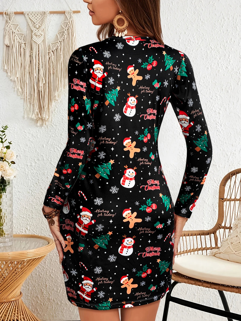 Damen Kleid Mini Schwarz Langarm Winter | Weihnachts