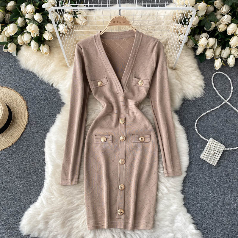 Damen Strickkleid in Midi-Länge | V-Ausschnitt