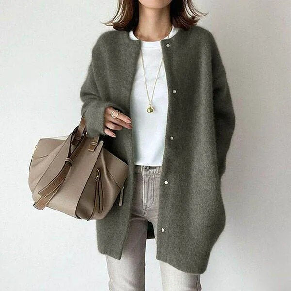 Damen Strickjacke Lang Strick Mit Rundhalsausschnitt | Winter