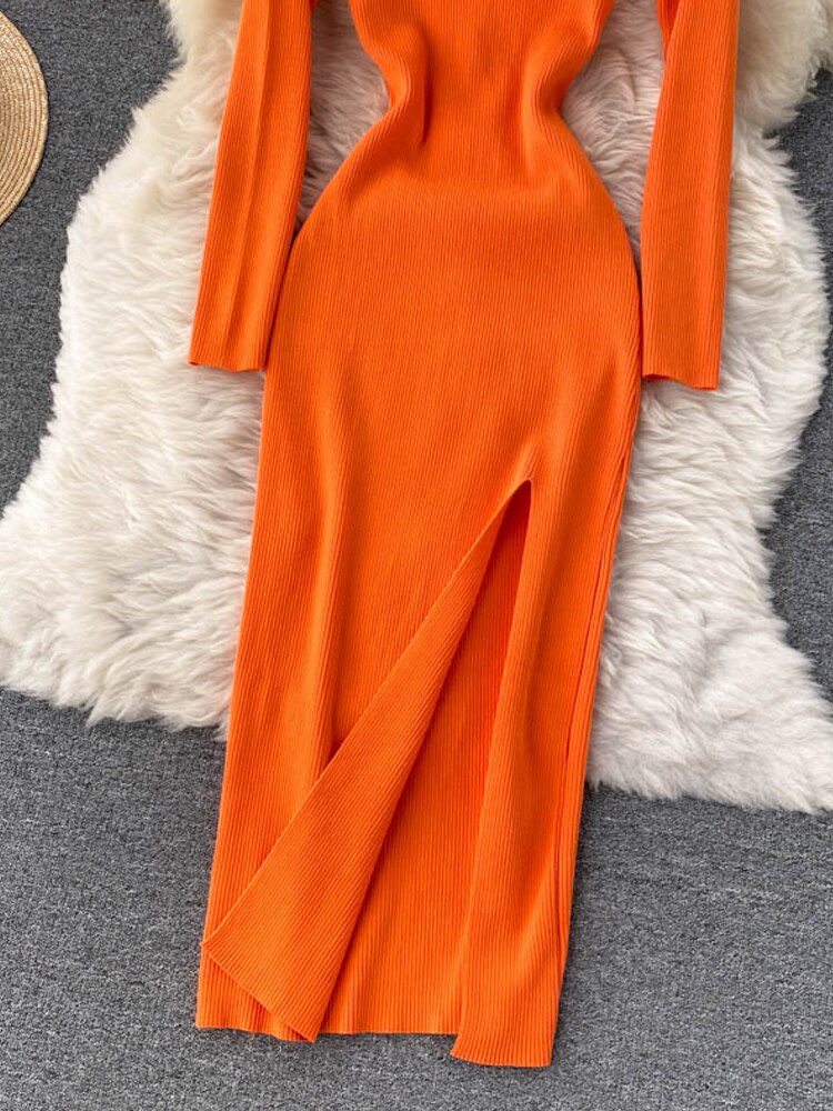 Damen Geripptes Maxikleid mit V-Ausschnitt | Langärmlig