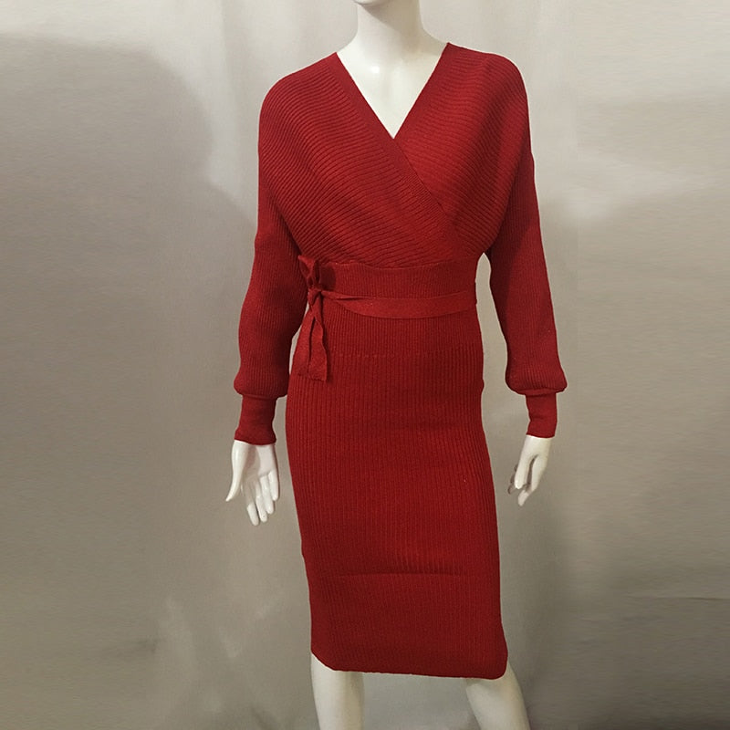 Damen Strick-Wickel Midi kleid | Bindegürtel