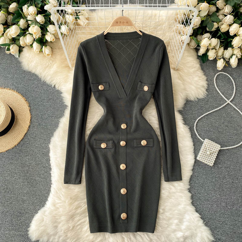 Damen Strickkleid in Midi-Länge | V-Ausschnitt