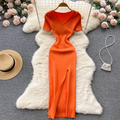 Damen Geripptes Maxikleid | V-Ausschnitt