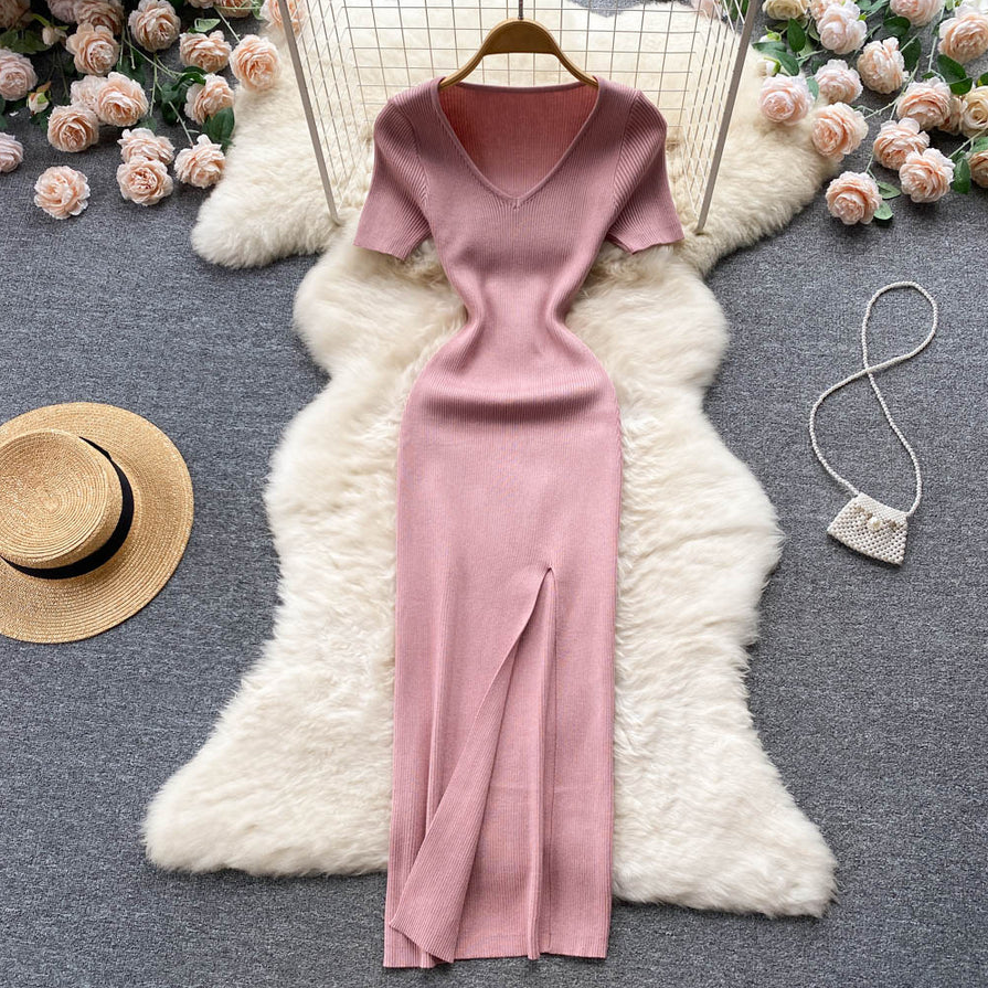 Damen Geripptes Maxikleid | V-Ausschnitt