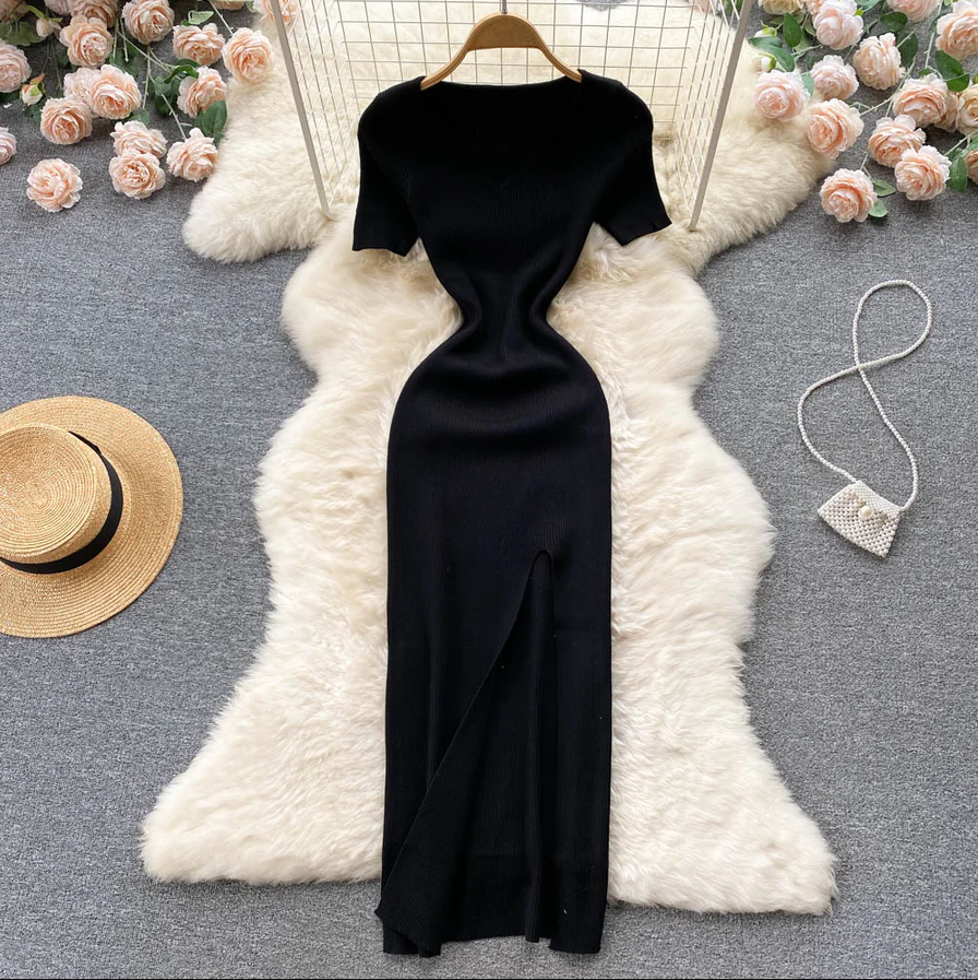 Damen Geripptes Maxikleid | V-Ausschnitt