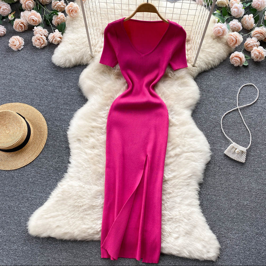 Damen Geripptes Maxikleid | V-Ausschnitt