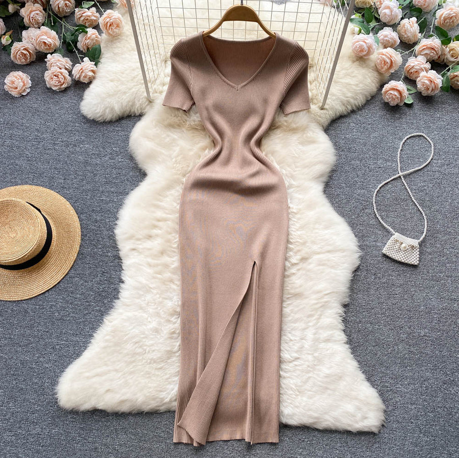 Damen Geripptes Maxikleid | V-Ausschnitt