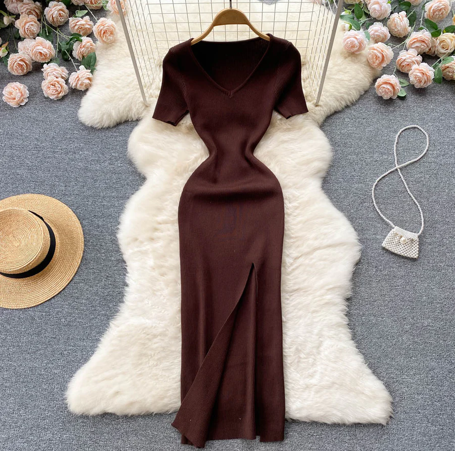 Damen Geripptes Maxikleid | V-Ausschnitt