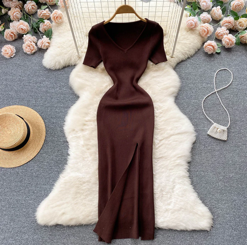 Damen Geripptes Maxikleid | V-Ausschnitt