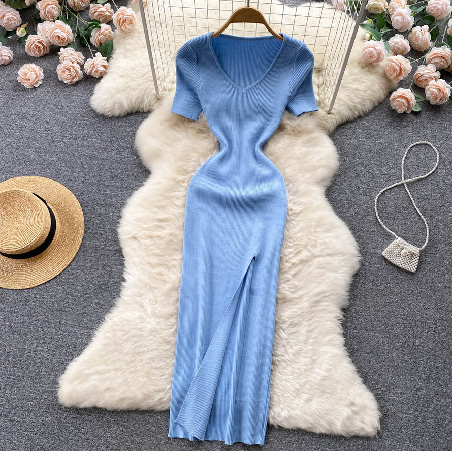Damen Geripptes Maxikleid | V-Ausschnitt