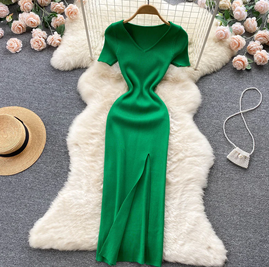 Damen Geripptes Maxikleid | V-Ausschnitt