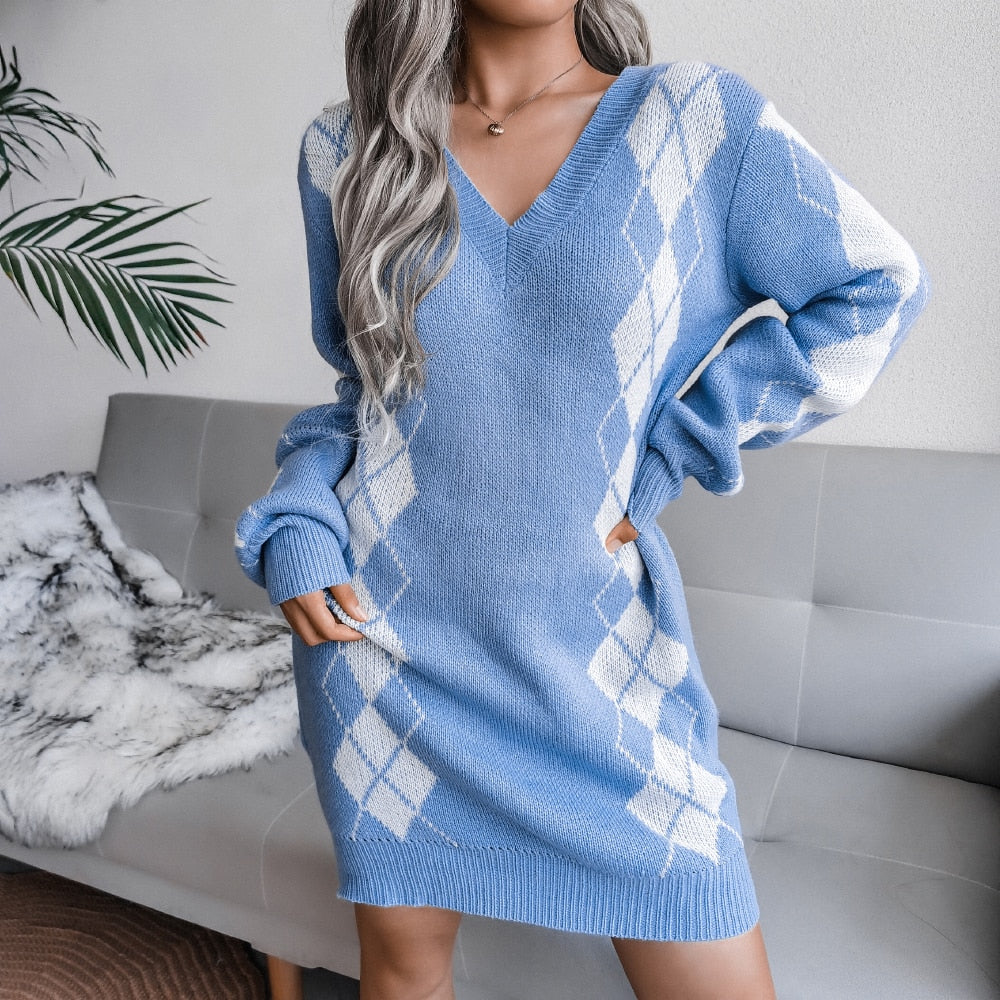 Damen Bedrucktes Strickkleid | V-Ausschnitt