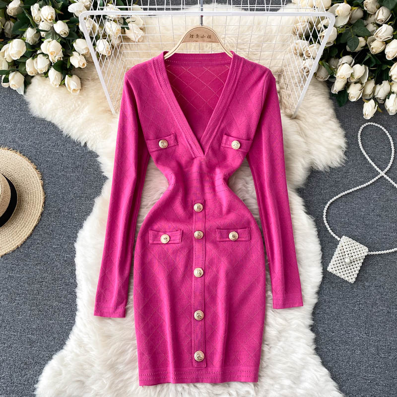 Damen Strickkleid in Midi-Länge | V-Ausschnitt