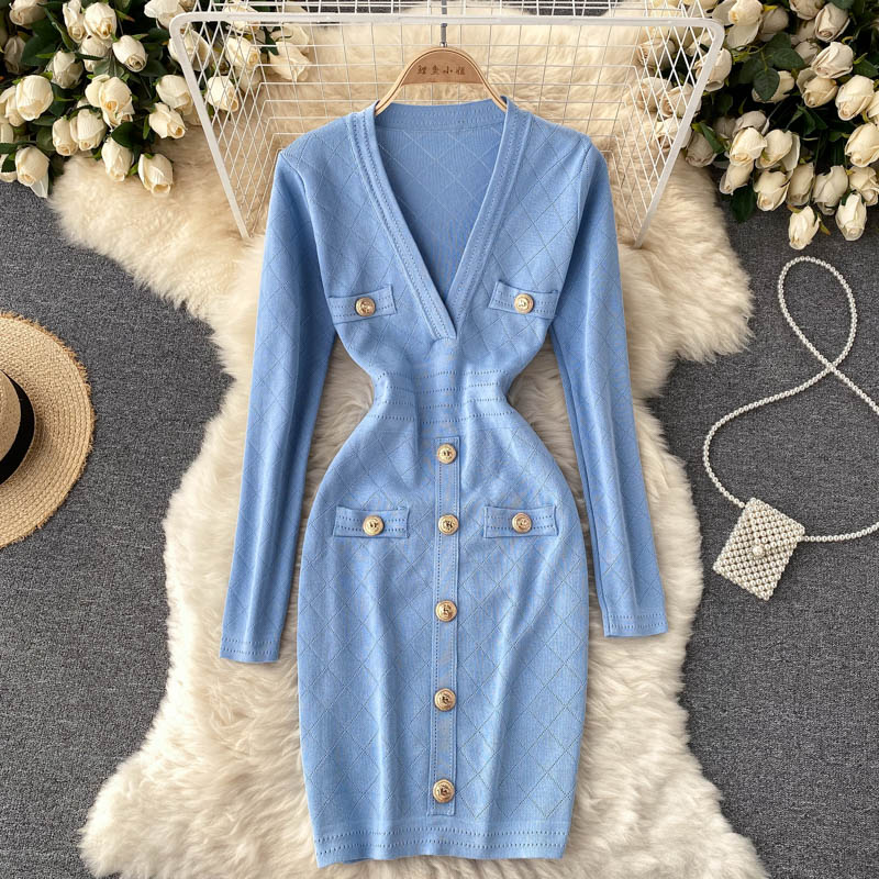 Damen Strickkleid in Midi-Länge | V-Ausschnitt