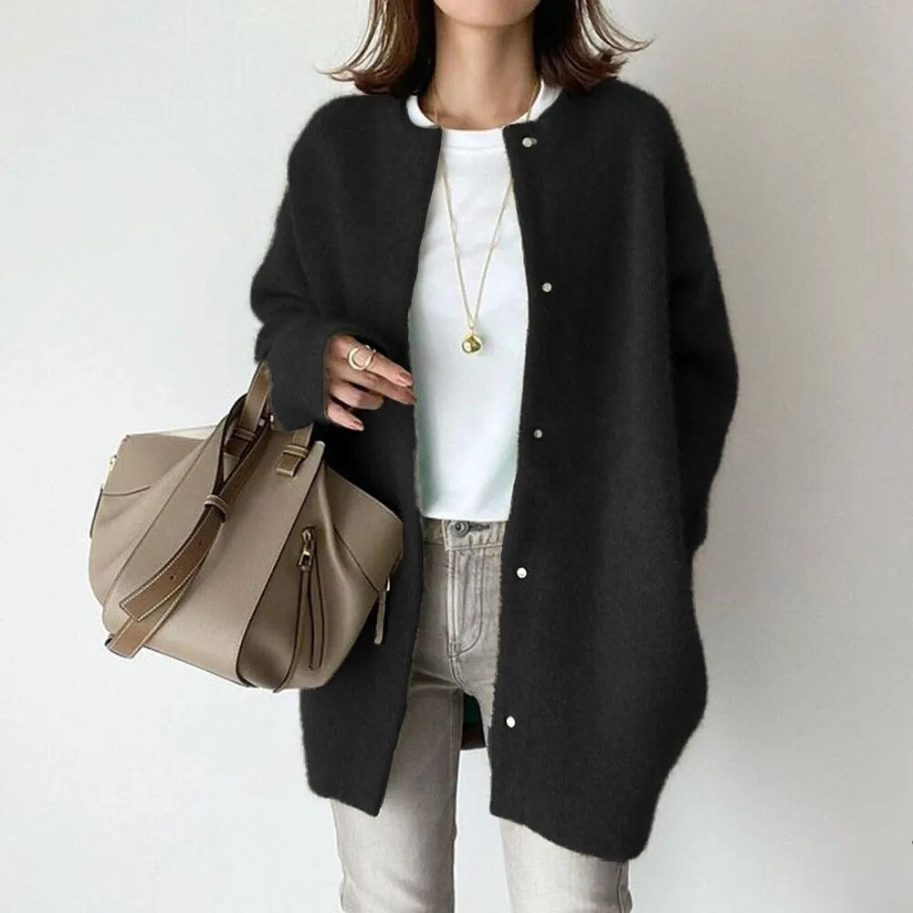 Damen Strickjacke Lang Strick Mit Rundhalsausschnitt | Winter