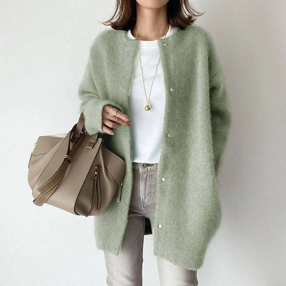 Damen Strickjacke Lang Strick Mit Rundhalsausschnitt | Winter