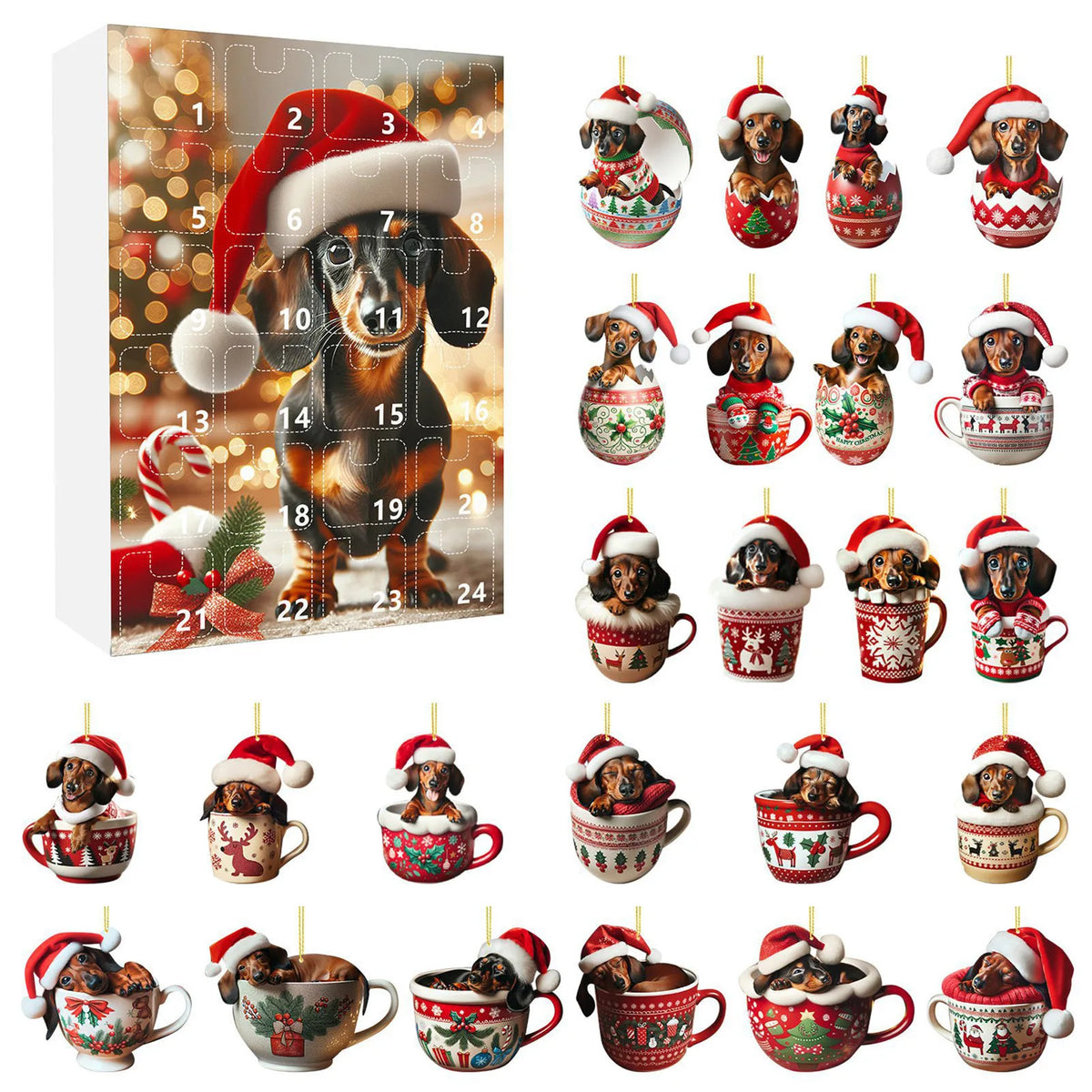 Dackel Adventskalender Mit Christbaumanhängern | Weihnachten