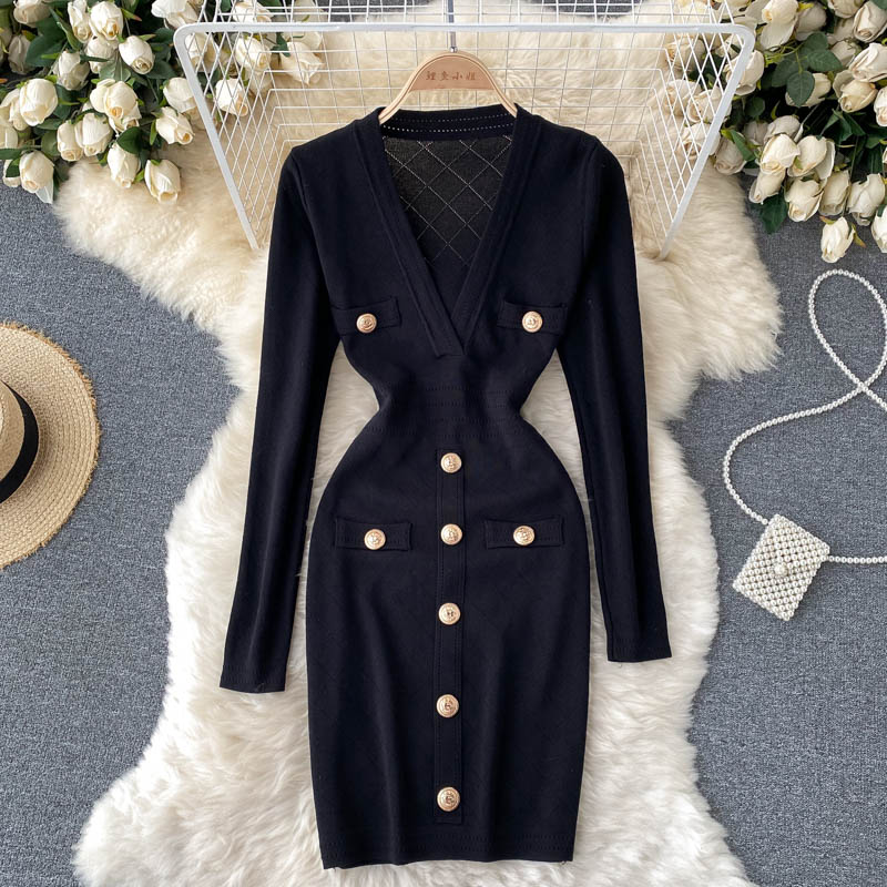 Damen Strickkleid in Midi-Länge | V-Ausschnitt