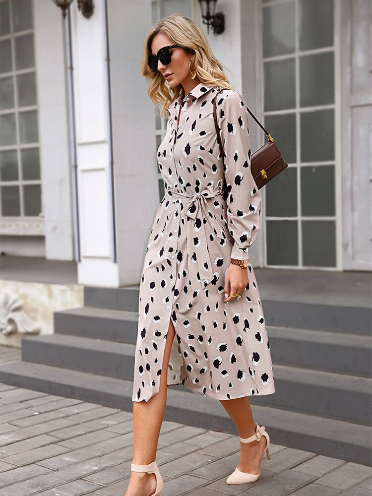 Damen Midikleid mit Print | Taillengürtel