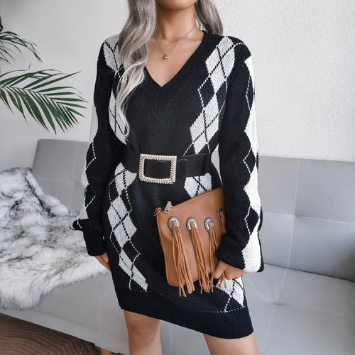 Damen Bedrucktes Strickkleid | V-Ausschnitt