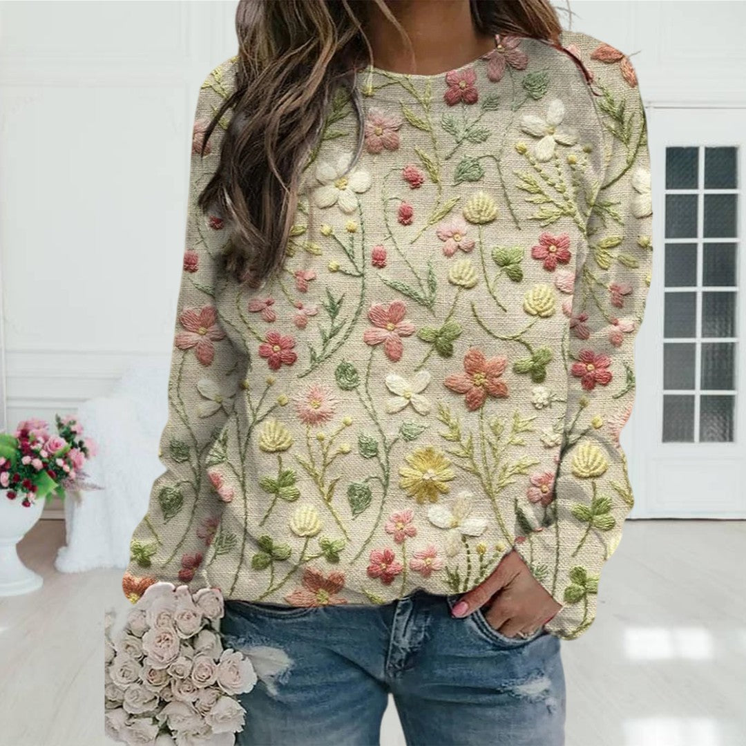 Damen Pullover Beige Strick Blumenmuster | Winter
