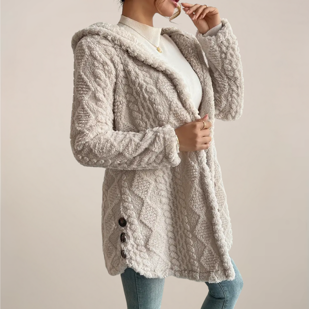 Damen Langer Strickjacke Mit Kapuze Und Strukturmuster | Offene Vorderseite