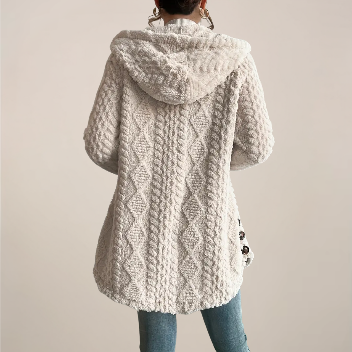 Damen Langer Strickjacke Mit Kapuze Und Strukturmuster | Offene Vorderseite