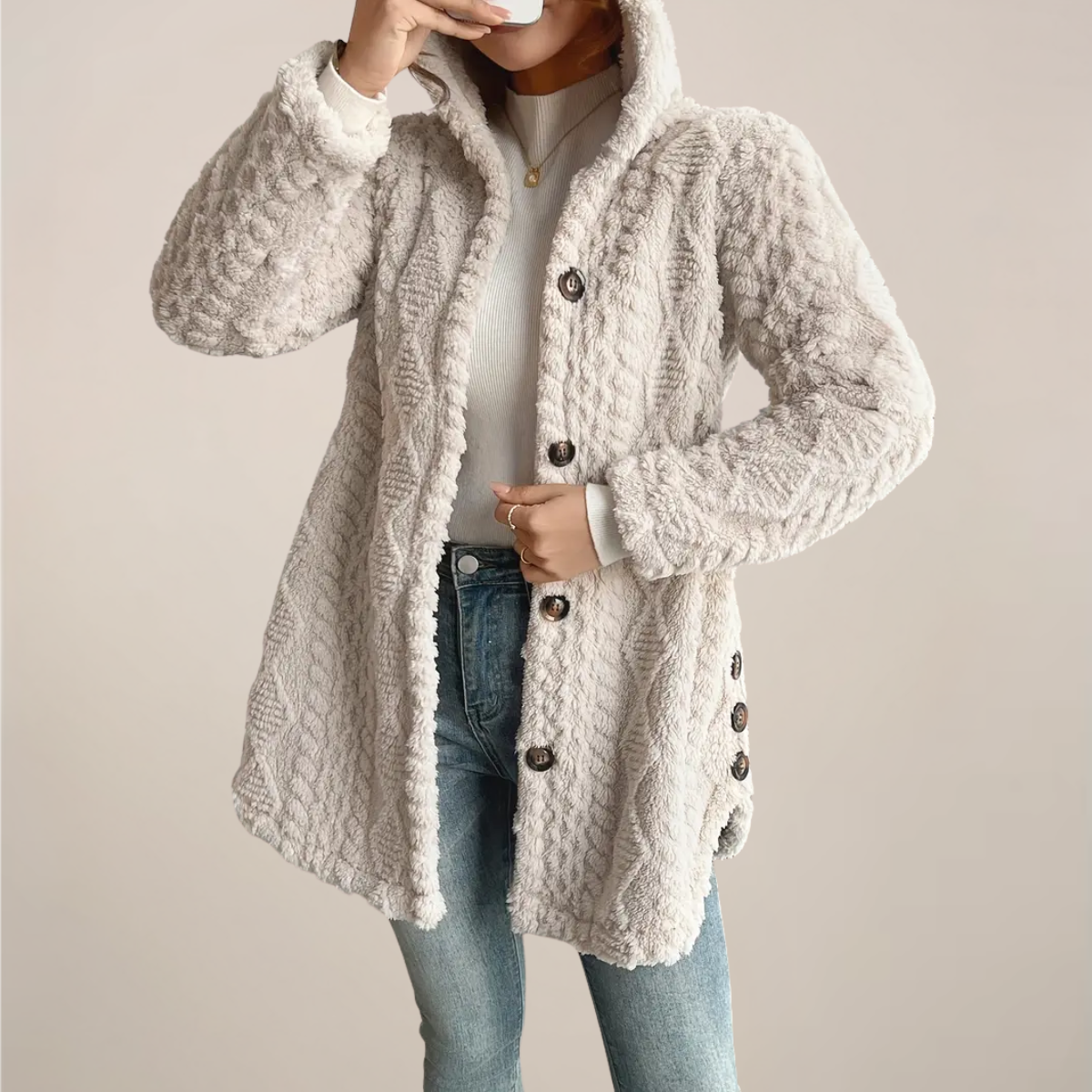 Damen Langer Strickjacke Mit Kapuze Und Strukturmuster | Offene Vorderseite